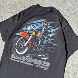 Vintage 2004 Buck Wear Release The Biker Within You Graphic T-Shirt Black Mens M
